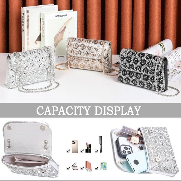 🆕Women's Sliver Crossbody Purses Crystal Bag Clutch Purse with Chain Handbags - Picture 6 of 6